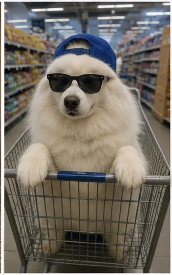 A white fluffy dog in a shopping cart wearing sunglasses