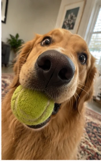 Golden retriever with tennis ball selfie